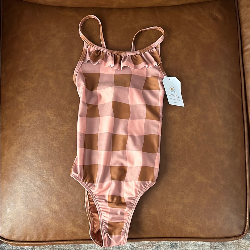 Little Co. swim - size 6 Pink and Brown Check Kids Swimsuit